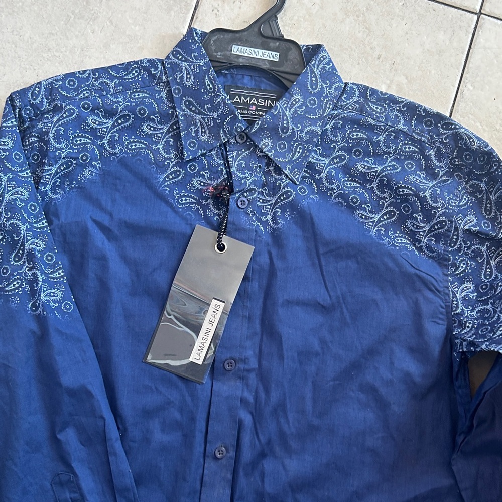 Lamasini Men's Navy Paisley Button Down Shirt